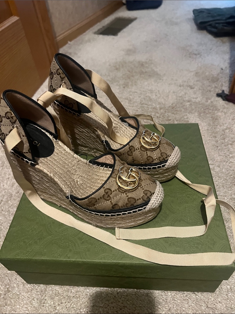 Gucci Brown Monogram Espadrille Wedge Sandals with Gold Double G